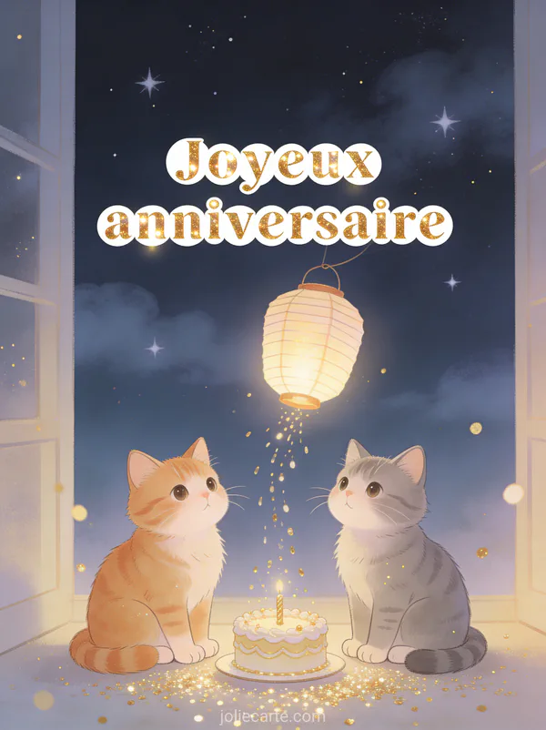 Deux chats mignons roux et gris assis prÚs d'une lanterne en papier dans la nuit avec gùteau d'anniversaire et paillettes dorées avec le texte Joyeux anniversaire