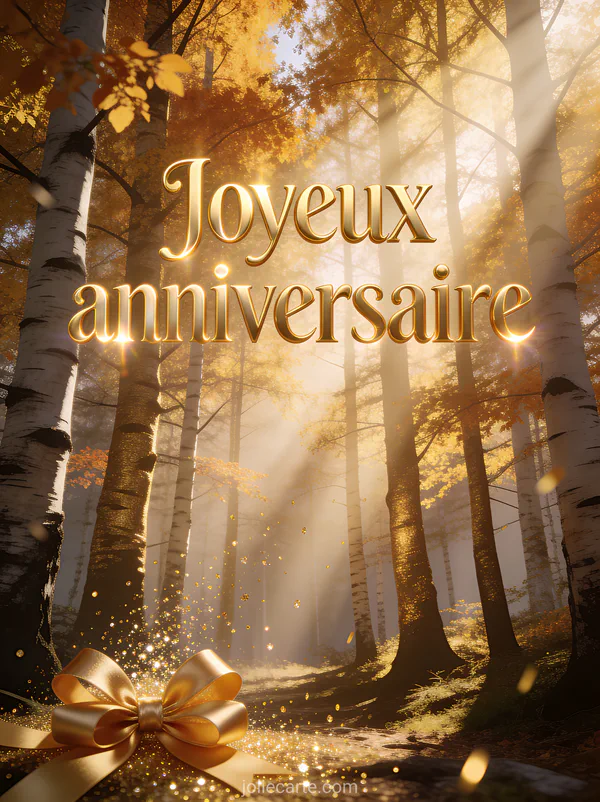 ForĂȘt de bouleaux en automne avec feuillage dorĂ©, rayons de lumiĂšre traversant les branches et paillettes dorĂ©es avec le texte Joyeux anniversaire en lettres dorĂ©es