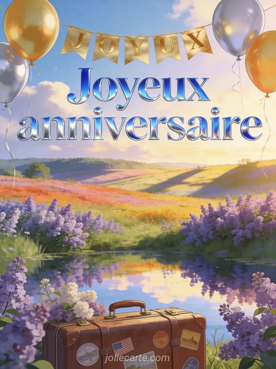 Prairie multicolore au bord d'un lac miroir avec lilas en fleur, valise vintage décorée de stickers et ballons dorés avec le texte Joyeux anniversaire