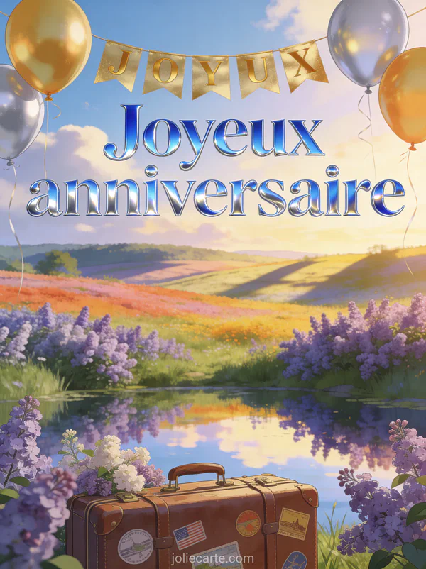 Prairie multicolore au bord d'un lac miroir avec lilas en fleur, valise vintage décorée de stickers et ballons dorés avec le texte Joyeux anniversaire