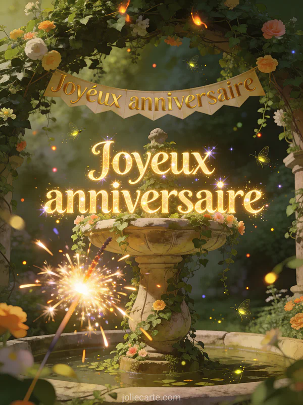 Fontaine ancienne couverte de lierre et de fleurs avec bougie scintillante, banderole dorée et lucioles flottant avec le texte Joyeux anniversaire en lettres dorées