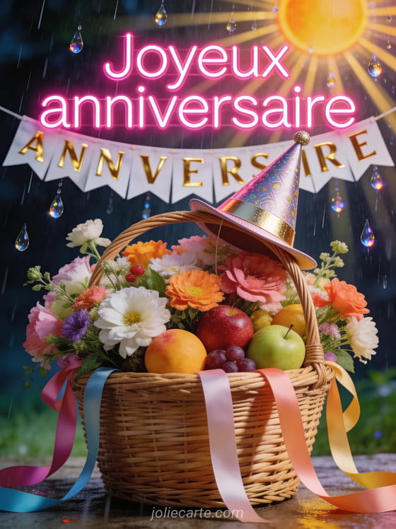 Panier en osier débordant de fleurs sous la pluie d'été avec soleil, chapeau de fête et banderole dorée avec le texte Joyeux anniversaire en néon rose