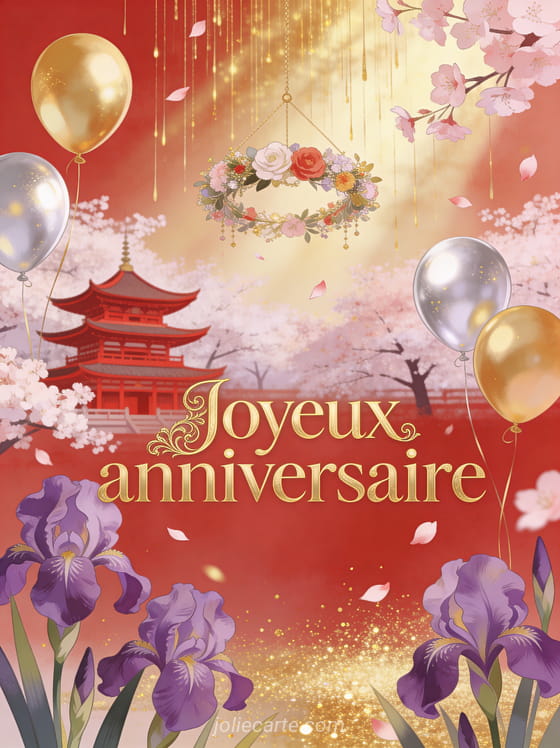 Temple asiatique rouge parmi les cerisiers en fleur avec iris violets, ballons dorés et pétales de cerisier avec le texte Joyeux anniversaire en lettres dorées fines