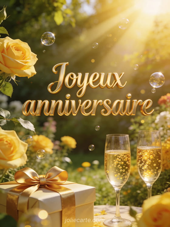 Jardin champêtre fleuri en été avec roses jaunes, coupes de champagne dorées et cadeau avec ruban avec le texte Joyeux anniversaire en lettres dorées