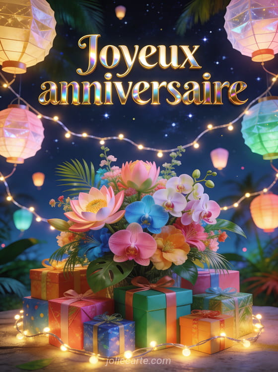 Lanternes en papier flottant dans la nuit avec lotus, orchidées exotiques et bouquet luxuriant avec cadeaux colorés et le texte Joyeux anniversaire en lettres dorées