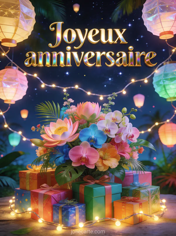 Lanternes en papier flottant dans la nuit avec lotus, orchidées exotiques et bouquet luxuriant avec cadeaux colorés et le texte Joyeux anniversaire en lettres dorées
