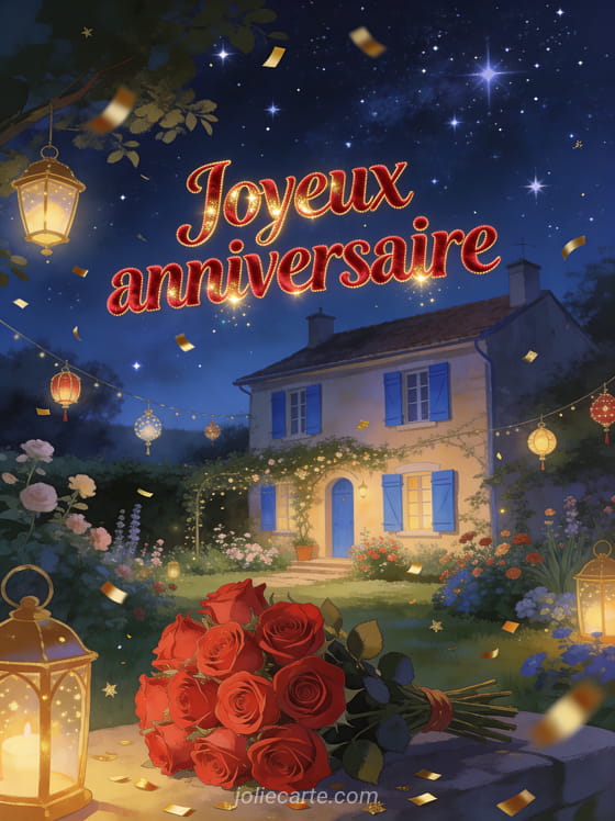 Maison de campagne aux volets bleus sous nuit étoilée avec bouquet de roses rouges luxueuses, confettis dorés et lampions de fête avec le texte Joyeux anniversaire