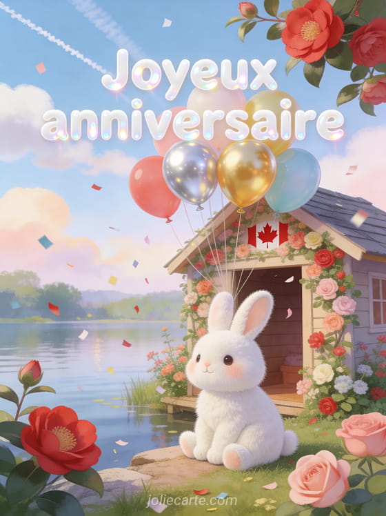 Lapin blanc moelleux au bord d'un lac canadien devant une cabane fleurie avec camélias, ballons colorés et confettis avec le texte Joyeux anniversaire
