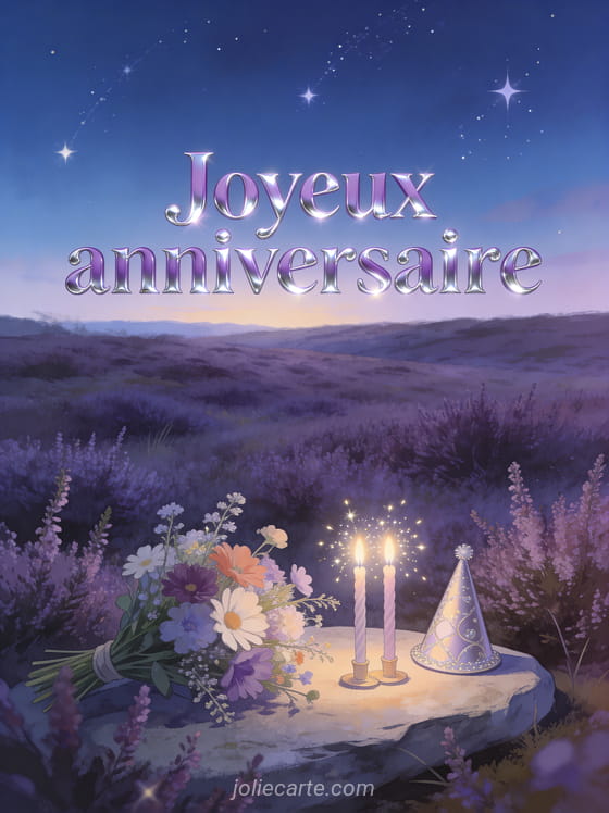 Lande de bruyère violette à perte de vue au crépuscule avec bouquet champêtre, bougies scintillantes et chapeau de fête avec le texte Joyeux anniversaire