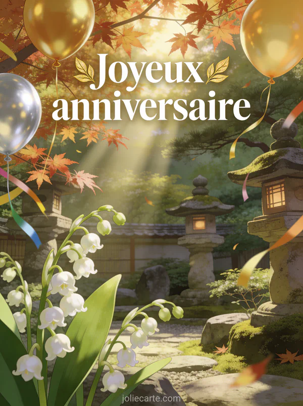 Jardin japonais avec lanternes en pierre et érable, muguet au premier plan, ballons dorés et serpentins colorés avec le texte Joyeux anniversaire en lettres blanches dorées