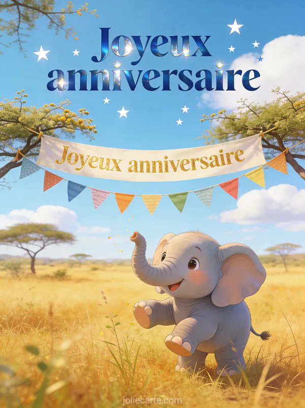Savane dorée avec acacias et bébé éléphant jouant dans l'herbe, guirlande de fanions et banderole dorée avec le texte Joyeux anniversaire en lettres bleu roi