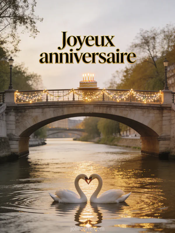 Pont de pierre au-dessus d'une riviÚre avec cygnes formant un coeur, guirlande lumineuse et gùteau d'anniversaire avec le texte Joyeux anniversaire en lettres noires dorées