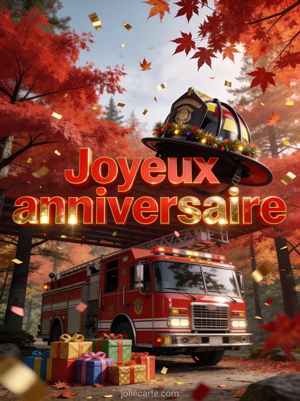 ForĂȘt japonaise en automne rouge flamboyant avec camion de pompier rouge et casque de pompier, confettis dorĂ©s et cadeaux colorĂ©s avec le texte Joyeux anniversaire