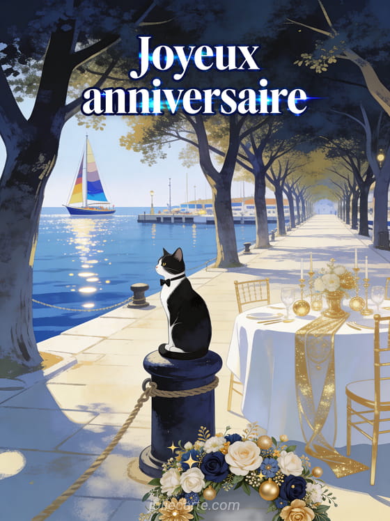 Allée de platanes centenaires menant à un port avec bateau à voile, chat tuxedo sur un bollard et table festive avec le texte Joyeux anniversaire