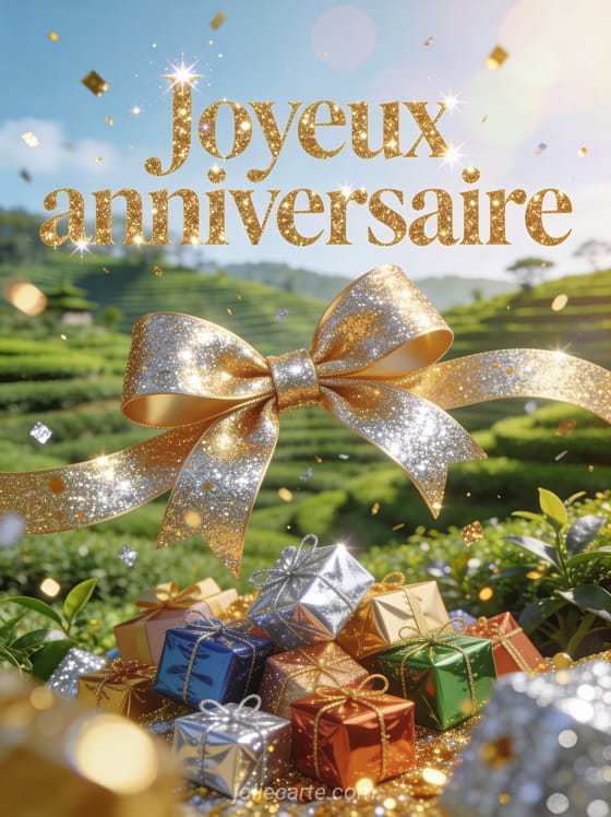 Jardin de thé en terrasses verdoyant avec cadeau doré scintillant, cadeaux colorés et paillettes dorées et argentées avec le texte Joyeux anniversaire en lettres dorées