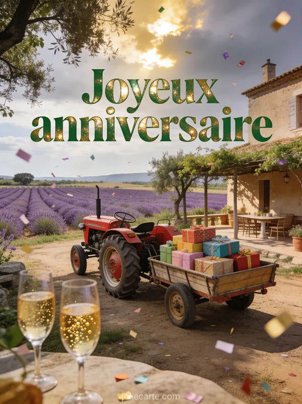 Tracteur rouge vintage dans un mas provençal avec lavande, cadeaux colorés dans la remorque et coupes de champagne avec le texte Joyeux anniversaire en lettres vertes dorées