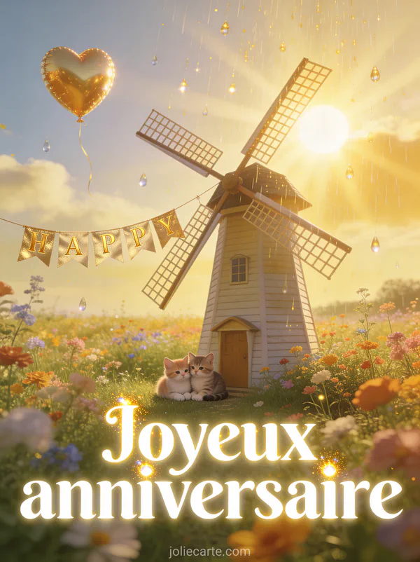 Moulin à vent dans les champs de fleurs sous la pluie dorée avec deux chatons pelotonnés, banderole dorée et ballon coeur avec le texte Joyeux anniversaire