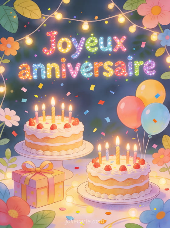 Guirlande lumineuse avec fleurs et feuilles, deux gâteaux d'anniversaire identiques avec bougies, confettis colorés et ballons par paires avec le texte Joyeux anniversaire