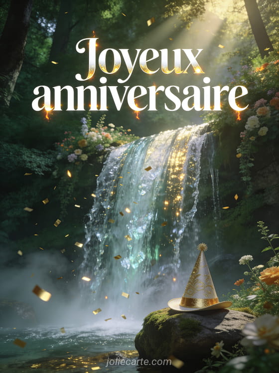 Cascade dans une forêt luxuriante avec fleurs sauvages, confettis dorés dans la brume et chapeau de fête sur un rocher moussu avec le texte Joyeux anniversaire