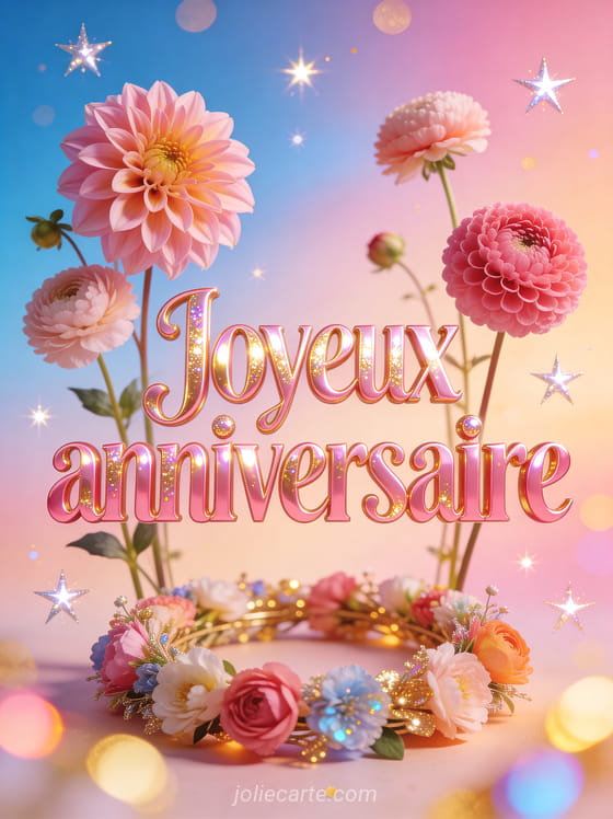 Composition de dahlias et renoncules sur fond dégradé rose-bleu-doré avec couronne de fleurs festive et étoiles scintillantes avec le texte Joyeux anniversaire en lettres roses
