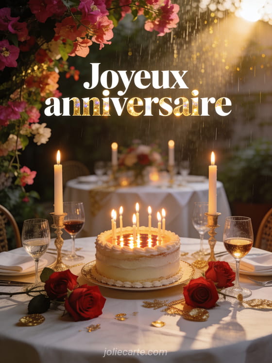 Bougies allumées avec roses et verres de vin sur nappe blanche, bougainvillier en cascade et gâteau d'anniversaire avec le texte Joyeux anniversaire en lettres blanches dorées