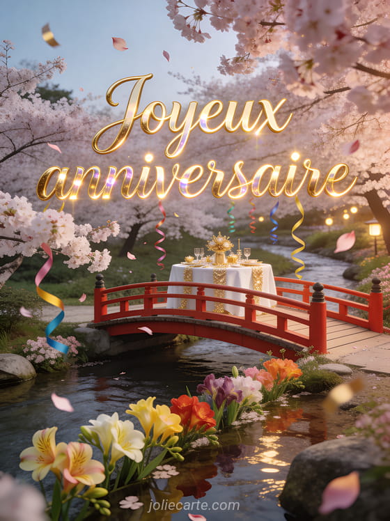 Pont rouge japonais au-dessus d'un ruisseau bordé de cerisiers avec freesias colorés, table festive et pétales de cerisier virevoltant avec le texte Joyeux anniversaire