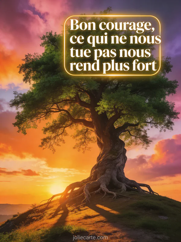 Arbre puissant aux racines profondes sur une colline au soleil couchant avec le texte Bon courage