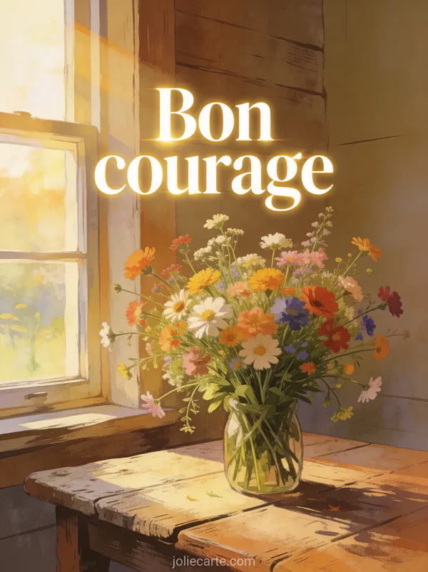 Bouquet de fleurs sauvages colorées sur une table en bois rustique près d'une fenêtre ensoleillée avec le texte Bon courage
