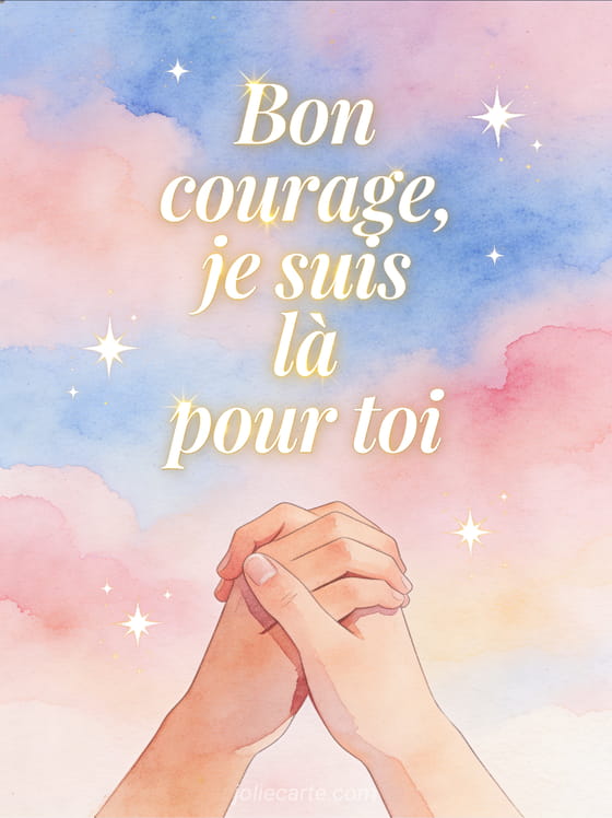 Deux mains qui se tiennent en illustration aquarelle douce sur fond de ciel pastel avec le texte Bon courage je suis là pour toi