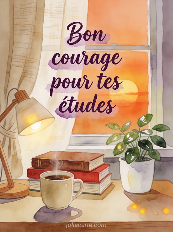 Bureau cosy avec tasse de café, livres empilés et lampe allumée devant un coucher de soleil avec le texte Bon courage pour tes études