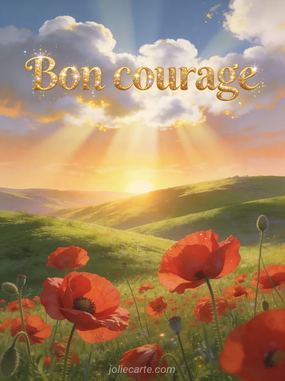 Paysage de colline verdoyante au lever du soleil avec coquelicots rouges et rayons de lumière avec le texte Bon courage en lettres dorées
