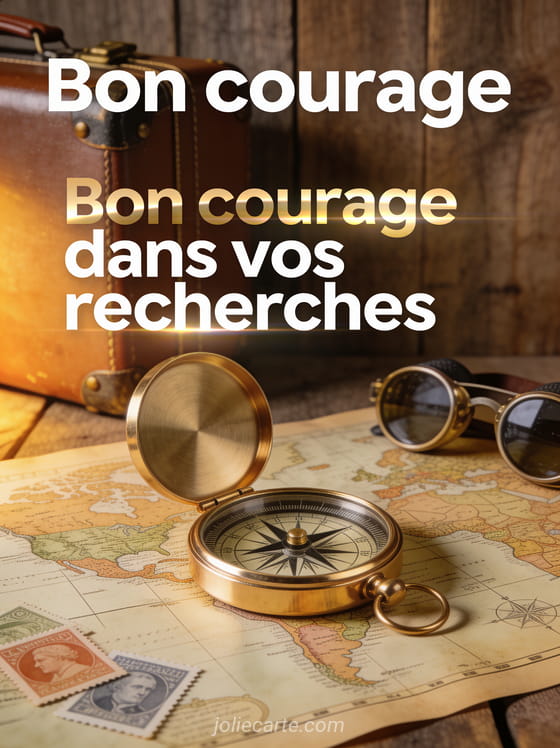 Boussole dorée posée sur une carte ancienne avec valise vintage et lumière chaude avec le texte Bon courage dans vos recherches