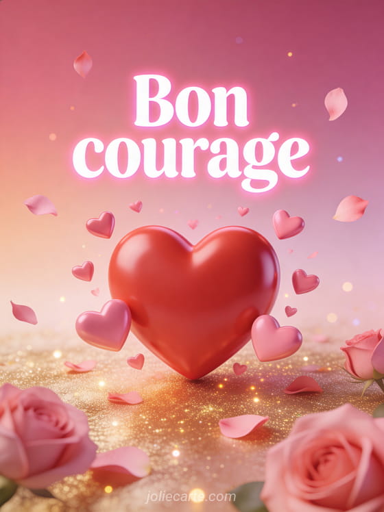 Grand coeur rouge en 3D entouré de petits coeurs roses flottants et de pétales de rose avec le texte Bon courage
