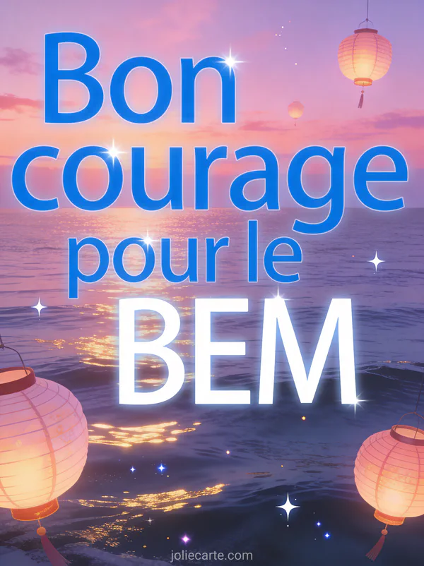 Ciel de coucher de soleil rose et violet avec lanternes lumineuses flottantes et mer calme avec le texte Bon courage pour le BEM