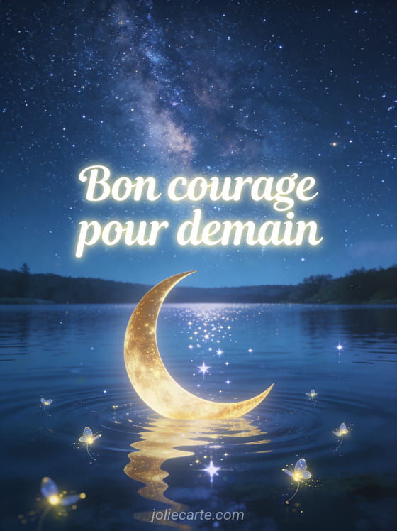 Ciel étoilé au-dessus d'un lac calme avec reflets, lune croissante dorée et lucioles scintillantes avec le texte Bon courage pour demain