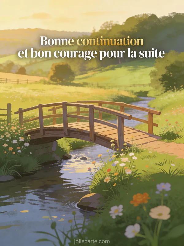 Pont en bois pittoresque au-dessus d'un ruisseau dans un paysage de campagne verdoyante au soleil couchant avec le texte Bonne continuation