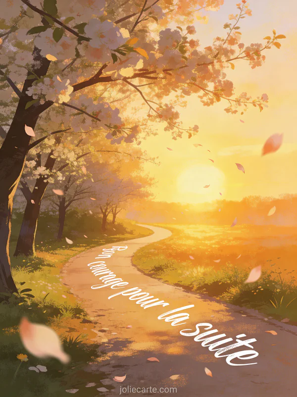 Chemin sinueux bordé d'arbres en fleurs vers un horizon lumineux doré avec pétales dans le vent et le texte Bon courage pour la suite
