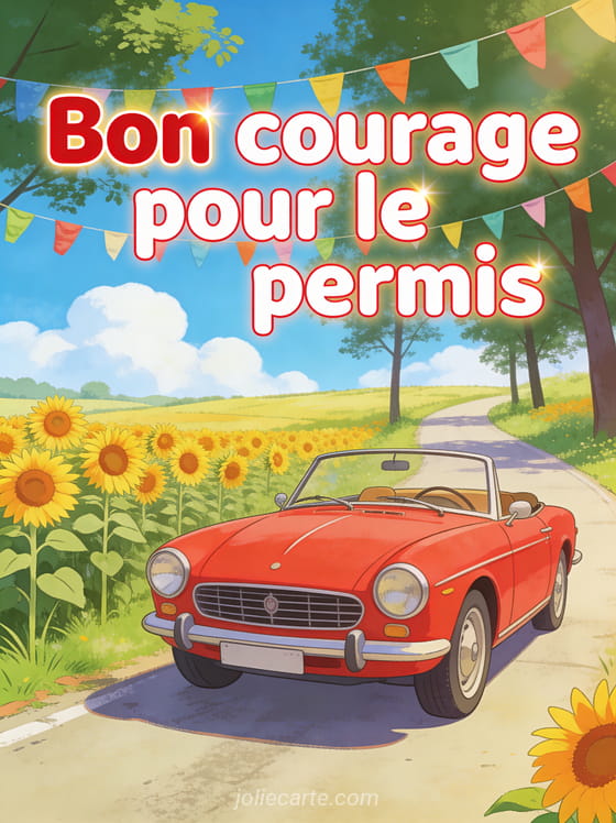 Voiture vintage rouge décapotable sur une route de campagne bordée de tournesols avec drapeaux colorés et le texte Bon courage pour le permis
