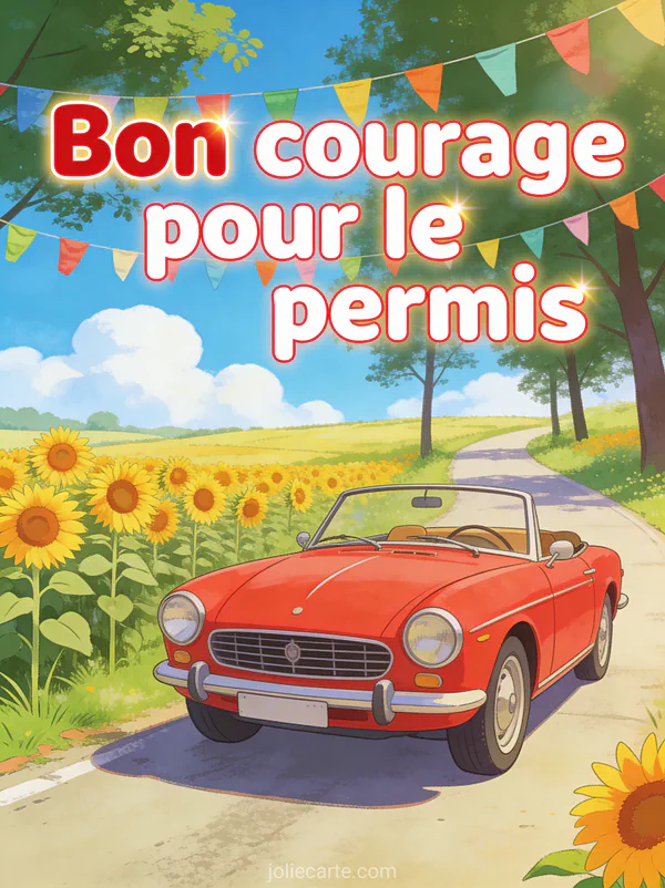 Voiture vintage rouge décapotable sur une route de campagne bordée de tournesols avec drapeaux colorés et le texte Bon courage pour le permis