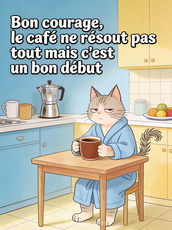 Chat en peignoir assis à une table de cuisine tenant une tasse de café énorme avec un air blasé et le texte Bon courage le café ne résout pas tout
