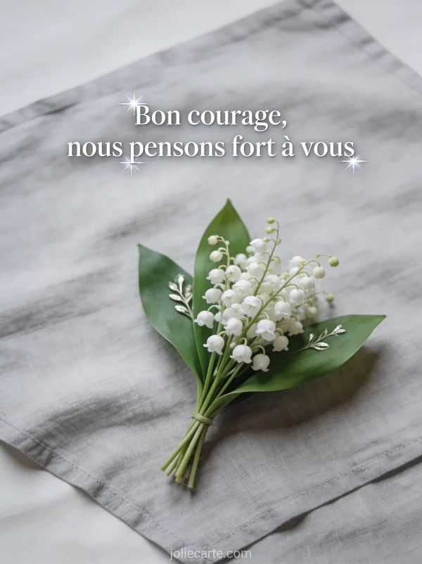 Bouquet de muguet blanc posé sur un tissu de lin gris avec lumière douce et le texte Bon courage nous pensons fort à vous