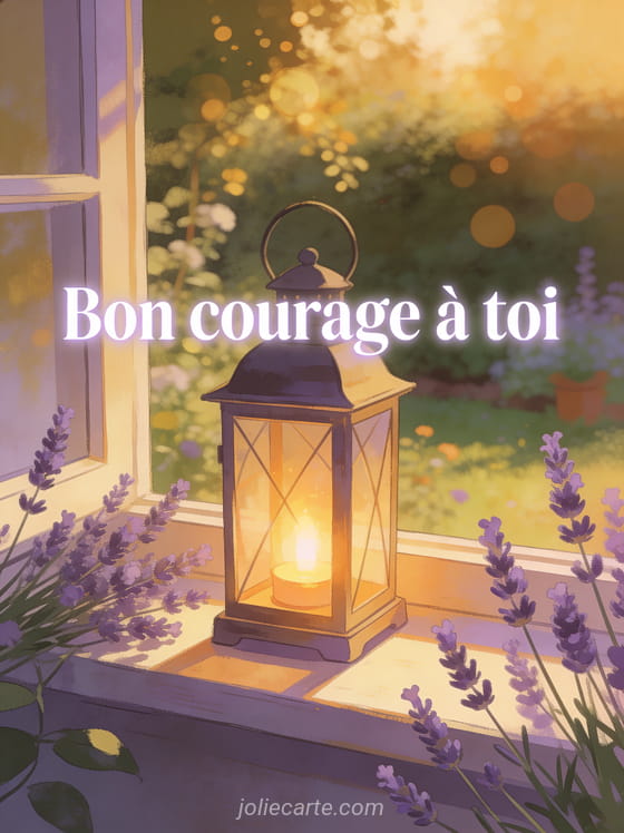 Lanterne allumée sur un rebord de fenêtre avec des fleurs de lavande et vue sur un jardin baigné de lumière dorée avec le texte Bon courage à toi