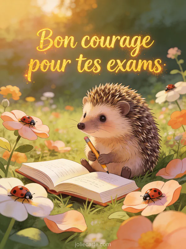 Adorable hérisson tenant un crayon à côté d'un livre ouvert dans un jardin fleuri avec coccinelles et le texte Bon courage pour tes exams