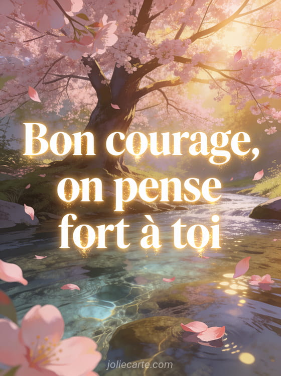 Arbre majestueux en pleine floraison rose au bord d'un ruisseau cristallin avec pétales roses qui tombent et le texte Bon courage on pense fort à toi