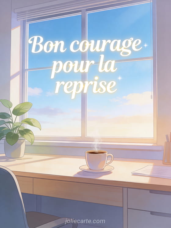 Bureau moderne et lumineux avec grande fenêtre sur ciel bleu matinal, tasse de café fumante et plante verte avec le texte Bon courage pour la reprise