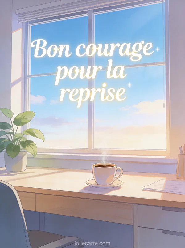 Bureau moderne et lumineux avec grande fenêtre sur ciel bleu matinal, tasse de café fumante et plante verte avec le texte Bon courage pour la reprise