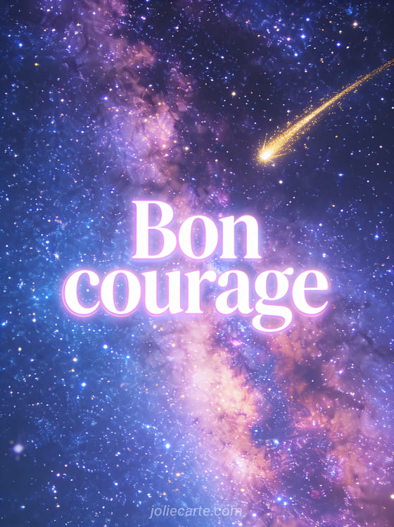 Fond galaxie avec nébuleuses violettes bleues et roses, comète dorée et étoiles scintillantes avec le texte Bon courage en néon