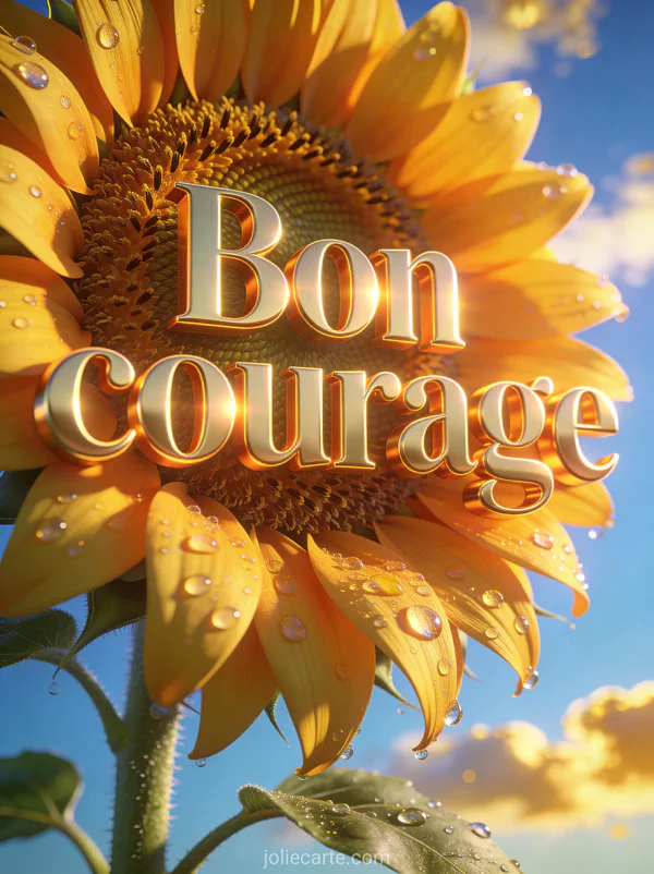 Tournesol géant en gros plan baigné de lumière chaude avec gouttelettes de rosée et ciel bleu doré avec le texte Bon courage en lettres dorées