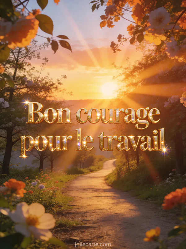 Paysage de lever de soleil aux couleurs chaudes vu depuis un chemin bordé d'arbres en fleurs avec le texte Bon courage pour le travail