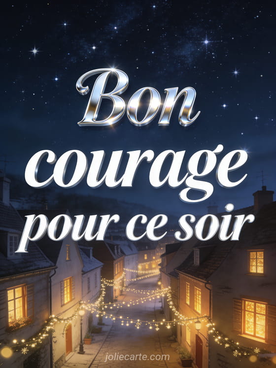 Ciel étoilé au-dessus d'un village illuminé avec guirlandes lumineuses dans les rues et le texte Bon courage pour ce soir